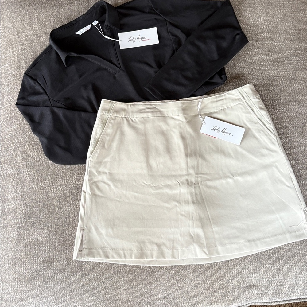 LADY HAGEN Golf Black Essential L/S polo & Khaki Core Skirt Skort Size XL 12